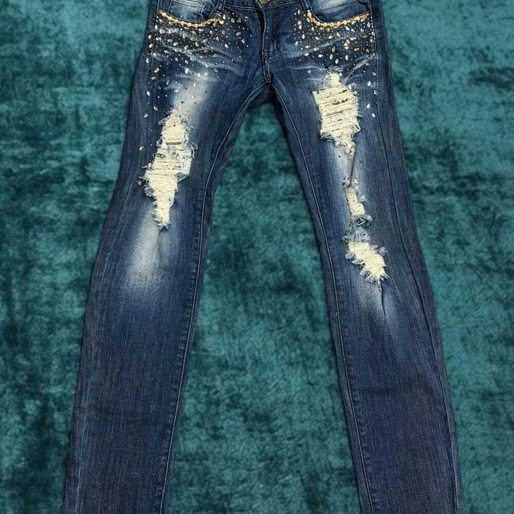 Y2K Machine Jeans Rhinestone Embellished Distressed Skinny Denim